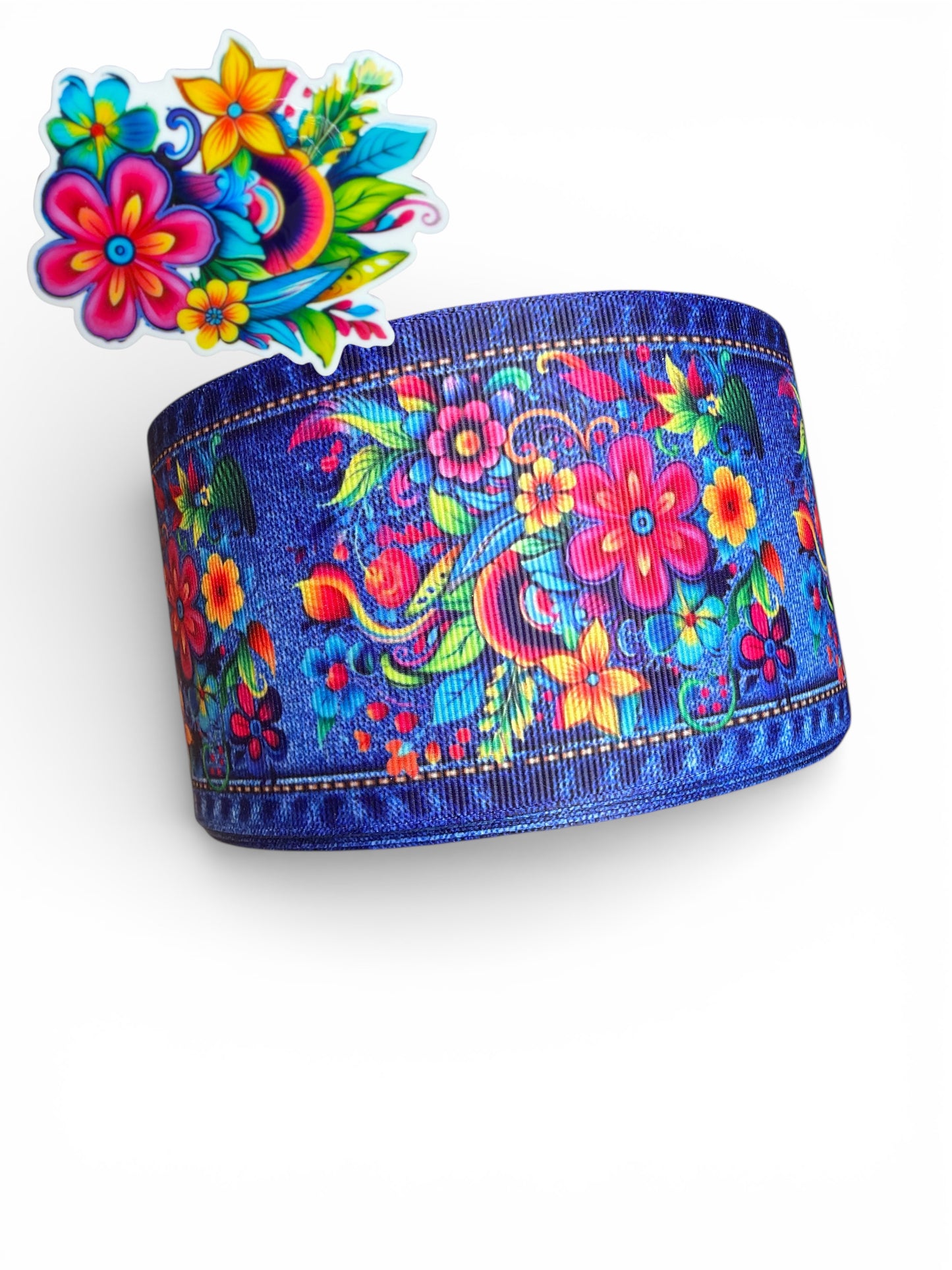 7.5cm Denim Folklore Flowers Ribbon
