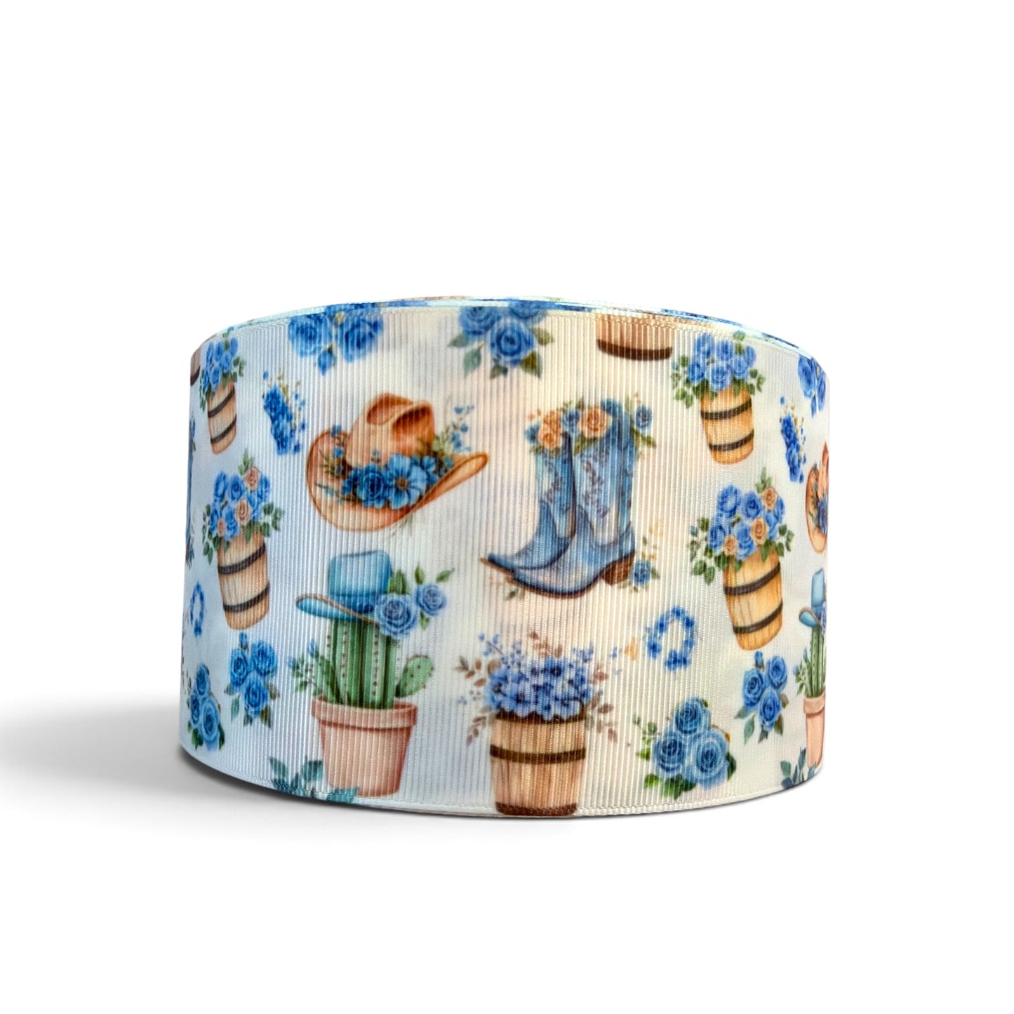 3 Yards 7.5cm /3inch Blue Denim Cowgirl Flowers Ribbon Printed Grosgrain