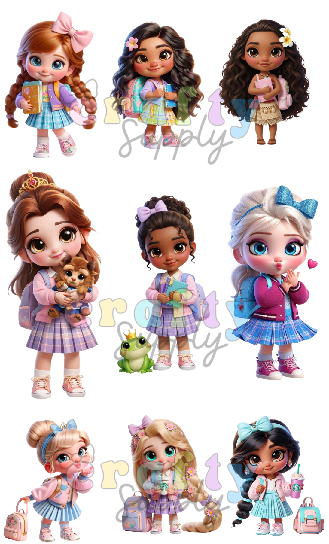 #1046 School Princesses Set of 9 Ready to Press with Heat DTF images 9 Imagenes pegatinas para presionar con calor