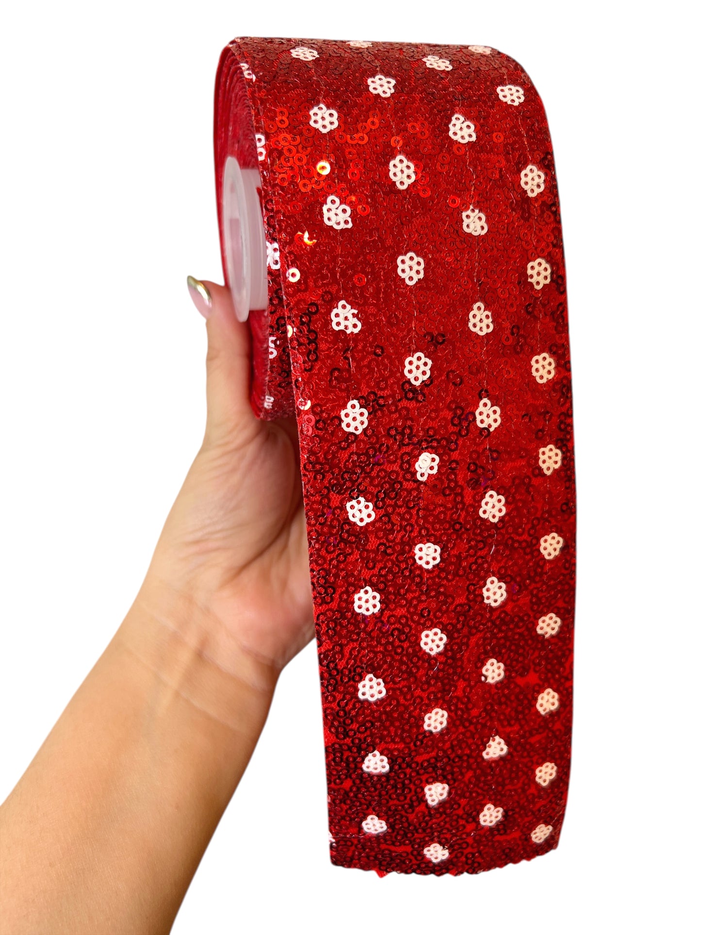 (7.5cm Red Sequin White Flowers Details Ribbon  1 Yard