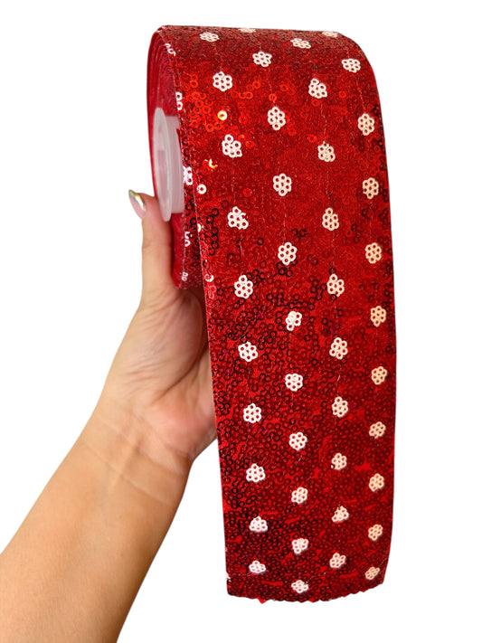 (7.5cm Red Sequin White Flowers Details Ribbon  1 Yard