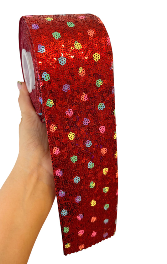 7.5cm Red Sequin Neon Colors Flowers Details Ribbon  1 Yard