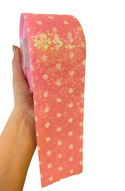 7.5cm Baby Pink Sequin White  Flowers Details Ribbon  1 Yard