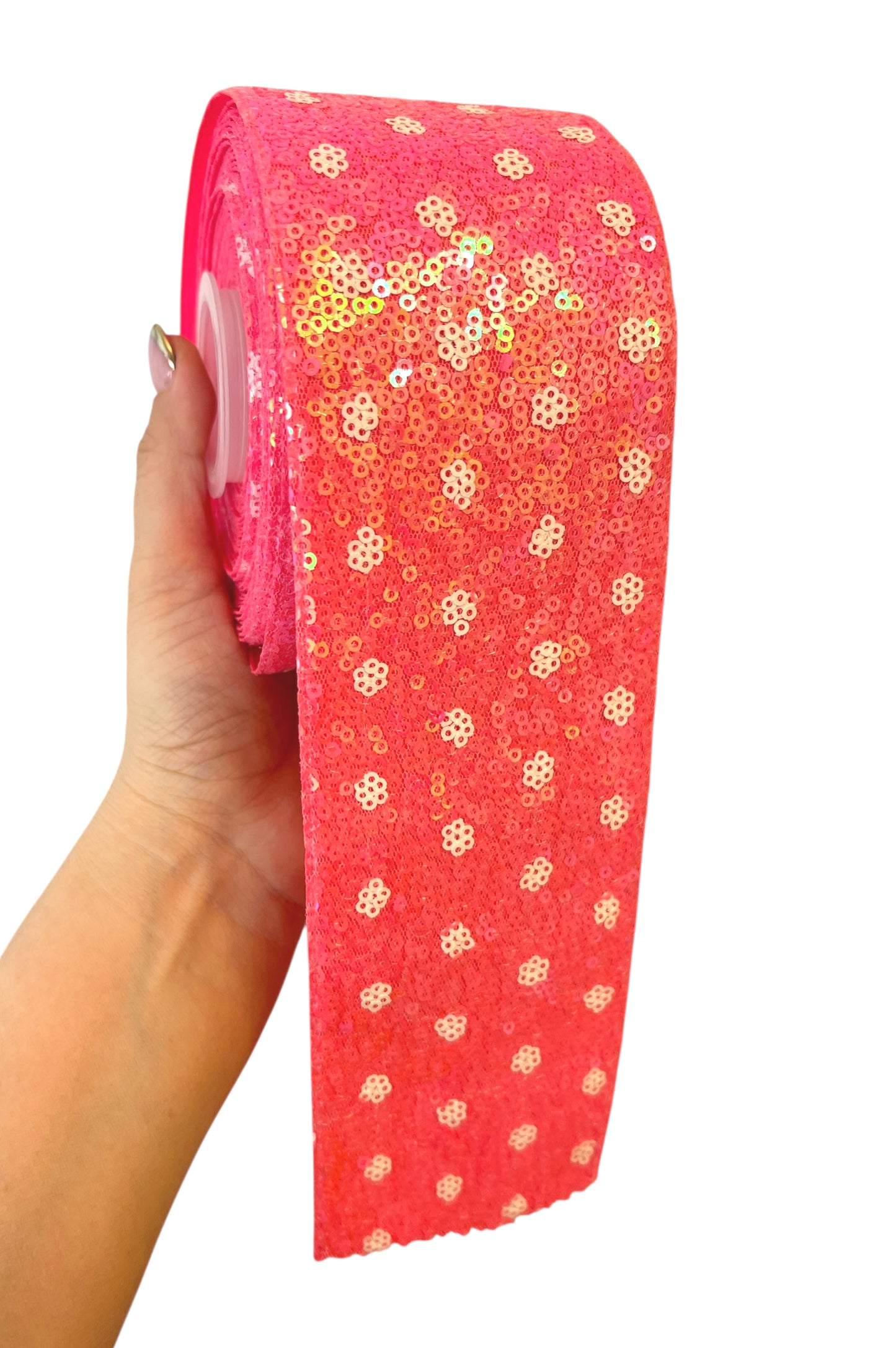 7.5cm Pink Sequin White  Flowers Details Ribbon  1 Yard