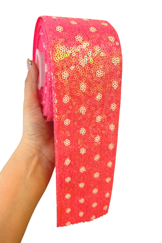 7.5cm Pink Sequin White  Flowers Details Ribbon  1 Yard