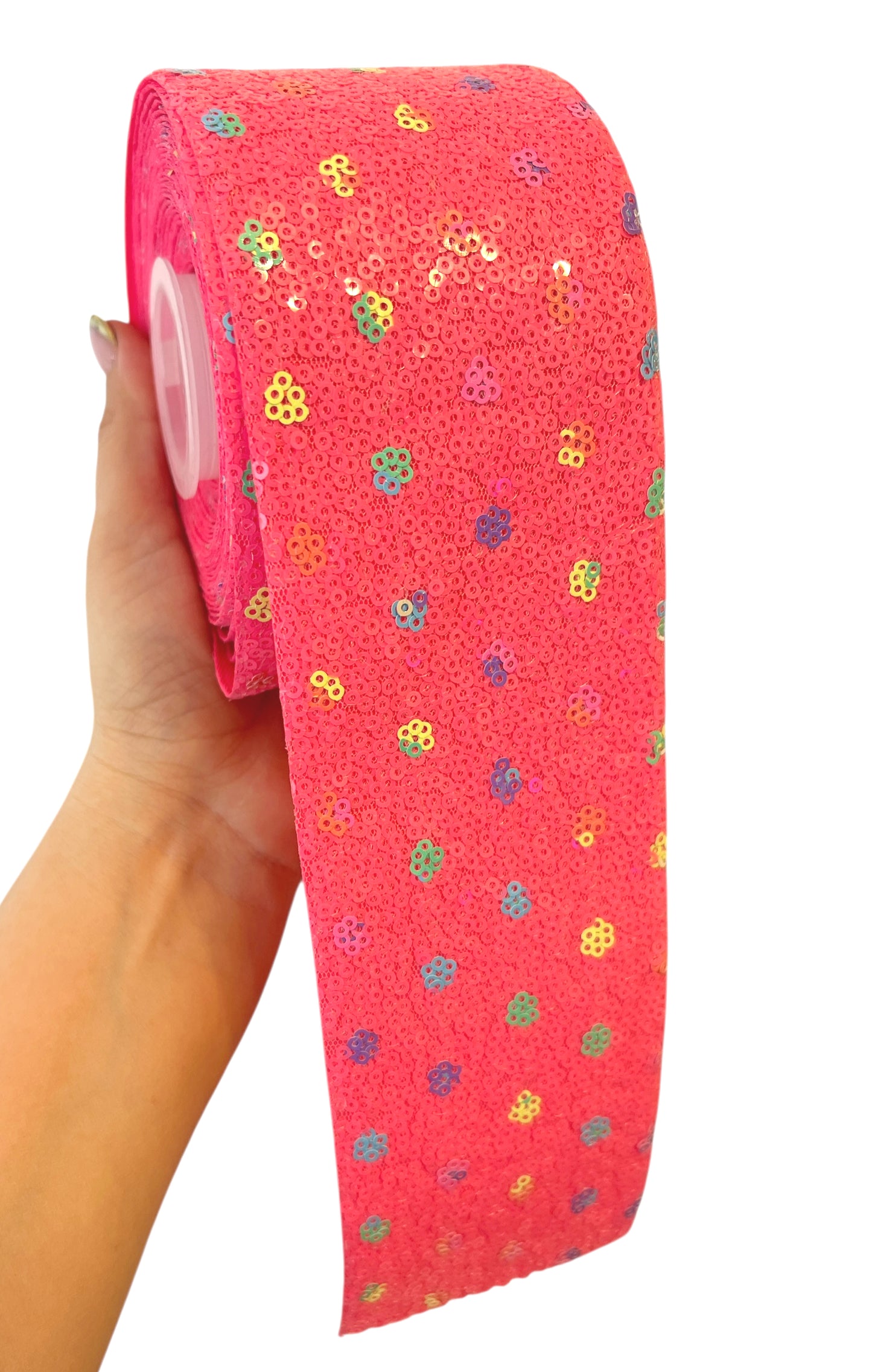 7.5cm Hot Pink Sequin Neon Colors  Flowers Details Ribbon  1 Yard