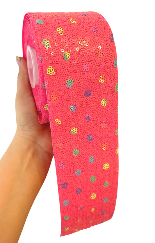 7.5cm Hot Pink Sequin Neon Colors  Flowers Details Ribbon  1 Yard