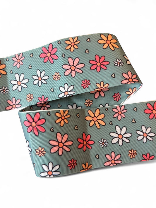 7.5cm/3inch Ribbon Sage Daisies 1 yard