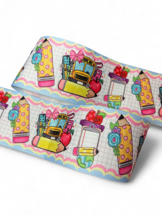 7.5cm/3inch Ribbon Yellow Bus Pink Bow 1 yard
