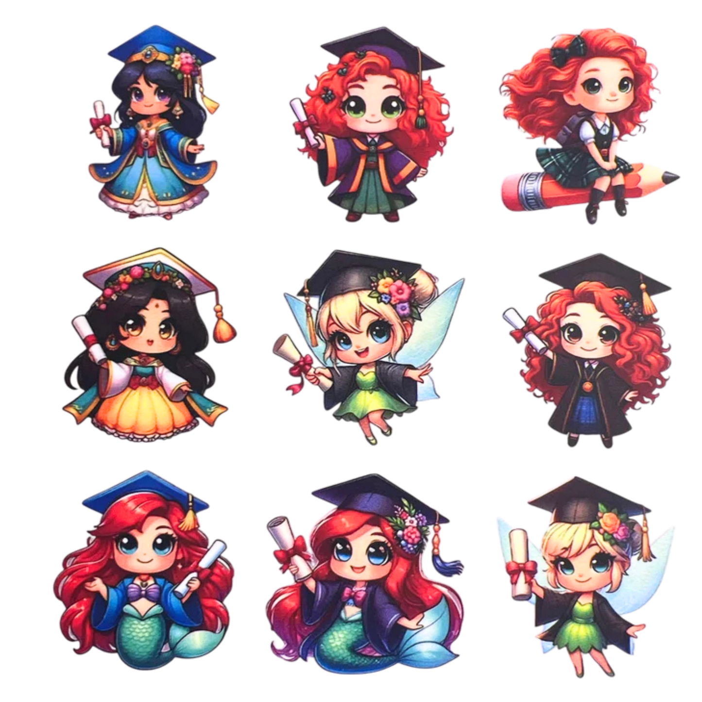 Graduating Princesses STCK 003 Set of 9 DTF ready to press with heat images Good for hair bows Set de 9 Pegatinas listas para presionar con calor. Para liston