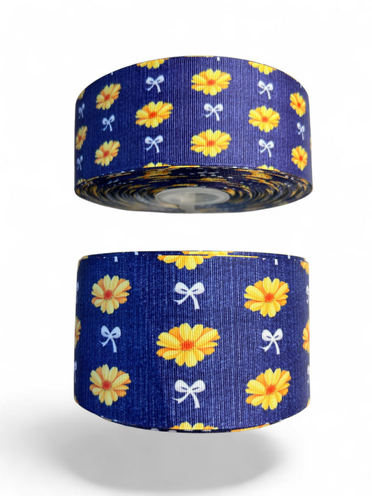 Ribbon  Denim Yellow Daisies 1 Yard