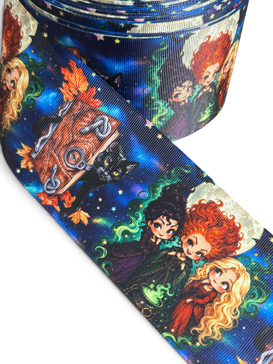 3 Yards 7.5cm m/3inch 3 Witchy Friends Printed Grosgrain