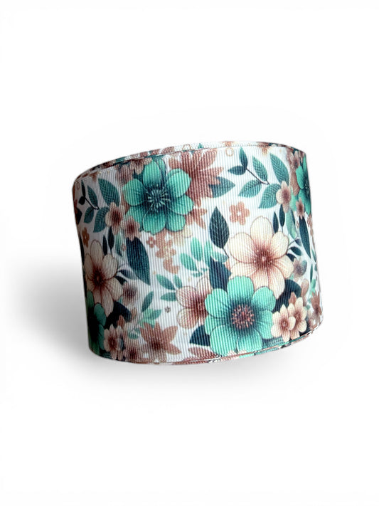3 yards 7.5cm (3inch) Teal with Ivory Flowers Ribbon