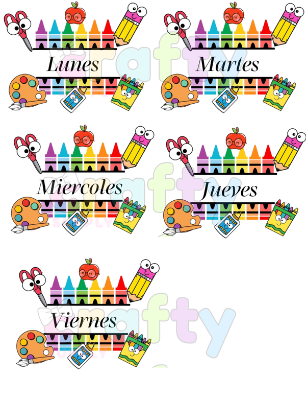 #1071 5 DTF Printed images Days of the week Crayons Spanish 5 Imagenes listas para presionarse con calor