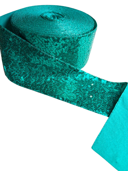 Teal Sequin Ribbon  7.5 cm 1 Yard Gold Green Teal