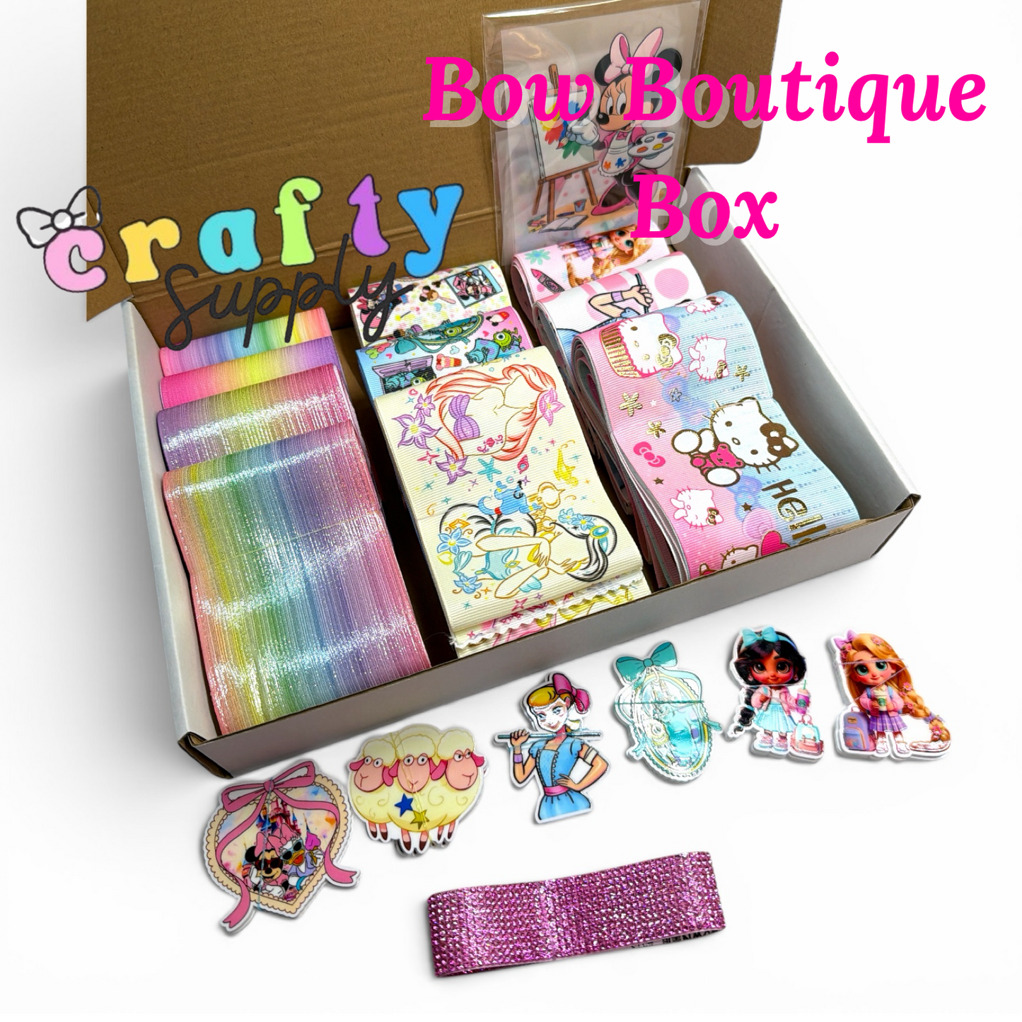 Bow Boutique Starter Box -22 yards Variety Ribbon 7.5cm/3inch +18 resins +1 crystal mesh strip + 5 DTF ready to press Transfers Pegatinas 7.5cm-3inchz