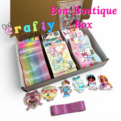 Bow Boutique Starter Box -22 yards Variety Ribbon 7.5cm/3inch +18 resins +1 crystal mesh strip + 5 DTF ready to press Transfers Pegatinas 7.5cm-3inchz