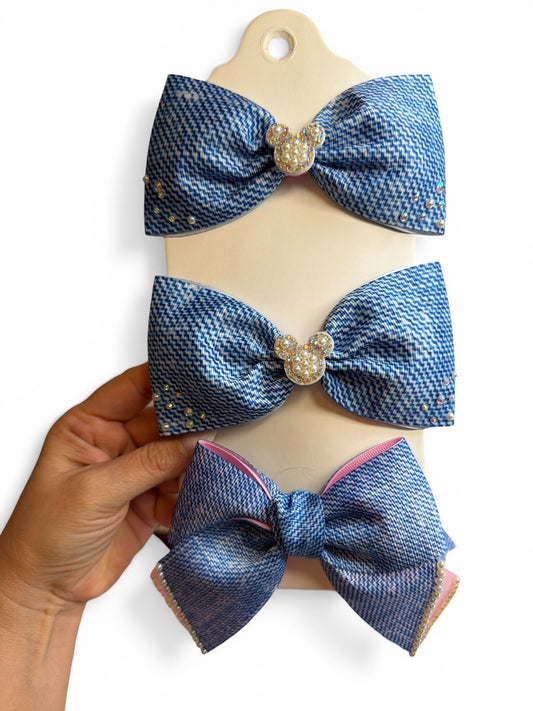 Set Mini Cheer Bow +1 pair Denim Pink Cowgirl (Copy)