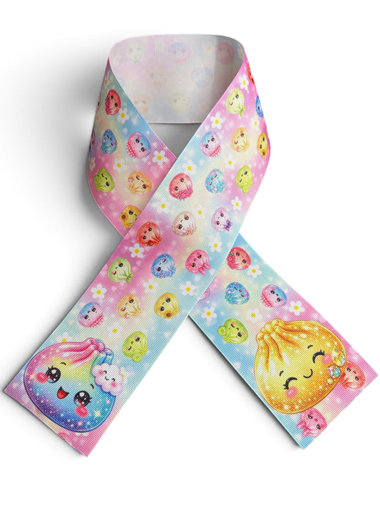 3 Strips 7.5cm m/3inch Glitter Dumplings Printed Grosgrain
