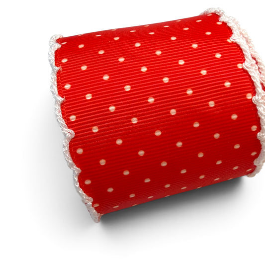 3 Yards Set Moonstish creme Polka Dots on Red 5cm/1.5inch wide