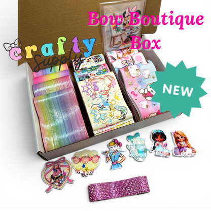 Bow Boutique Starter Box -22 yards Variety Ribbon 7.5cm/3inch +18 resins +1 crystal mesh strip + 5 DTF ready to press Transfers Pegatinas 7.5cm-3inchz