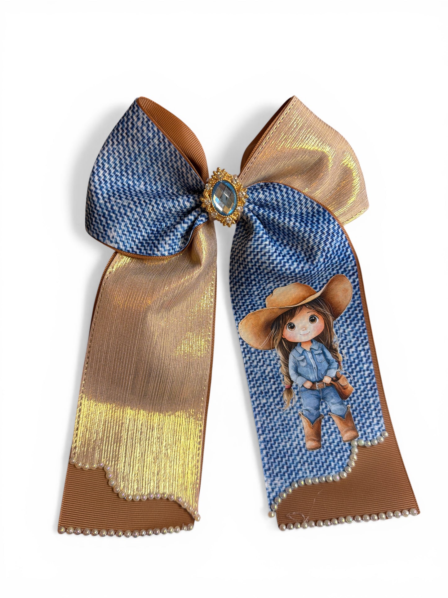 Long Cheer Bow Denim Gold Cowgirl