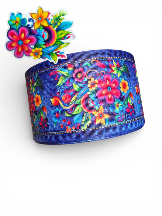 7.5cm Denim Folklore Flowers  Ribbon