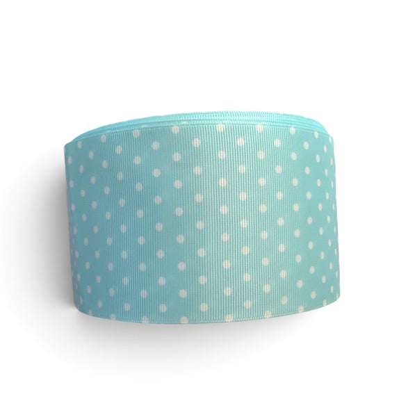 3 Yards 7.5cm /3inch White Polka Dots Aqua Ribbon Printed Grosgrain