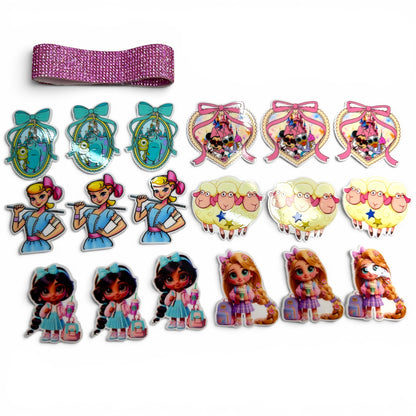 Bow Boutique Starter Box -22 yards Variety Ribbon 7.5cm/3inch +18 resins +1 crystal mesh strip + 5 DTF ready to press Transfers Pegatinas 7.5cm-3inchz