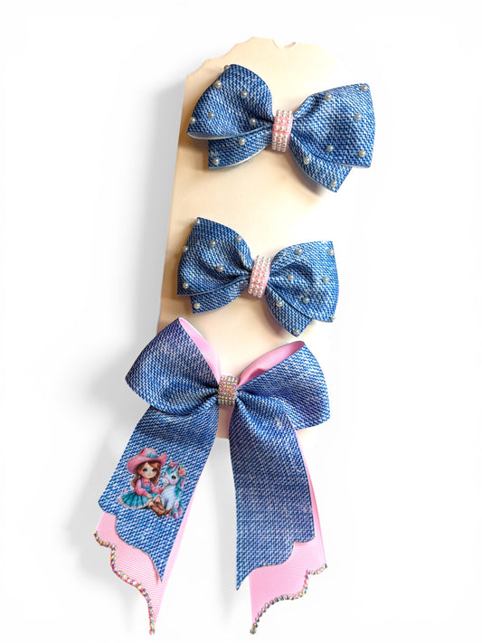 Set Mini Cheer Bow +1 pair Denim Pink Cowgirl