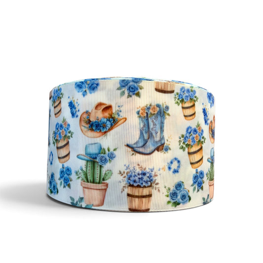 3 Yards 7.5cm /3inch Blue Denim Cowgirl Flowers Ribbon Printed Grosgrain