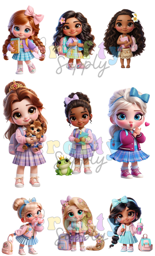 #1046 School Princesses Set of 9 Ready to Press with Heat  DTF images 9 Imagenes pegatinas para presionar con calor
