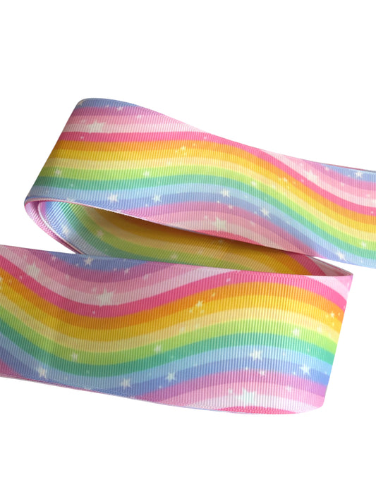 5cm Wavy Rainbow with Stars Ribbon 1 yard