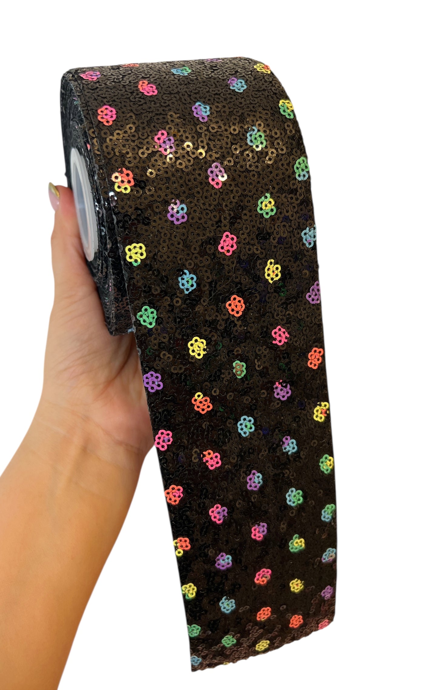 7.5cm Black Sequin Flowers Neon Colors  Details Ribbon  1 Yard