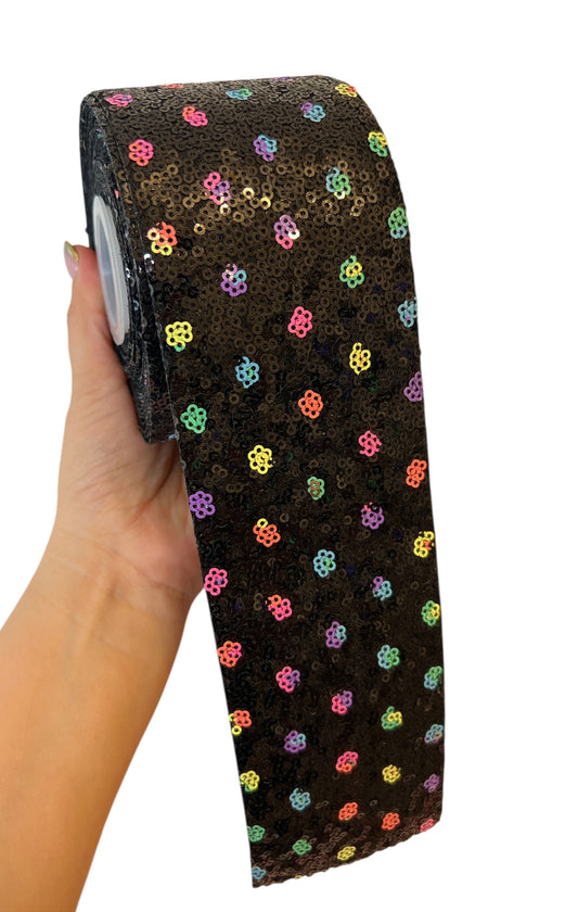 7.5cm Black Sequin Flowers Neon Colors  Details Ribbon  1 Yard