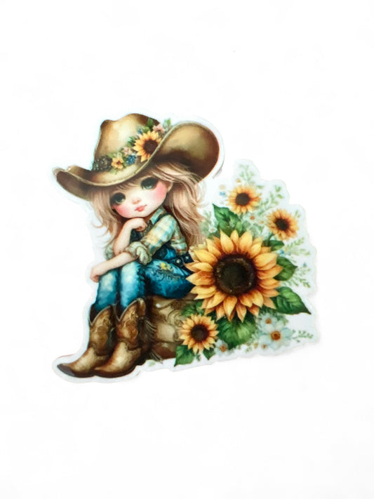 Resina plana de 5 cm con diseño de girasol y vaquera