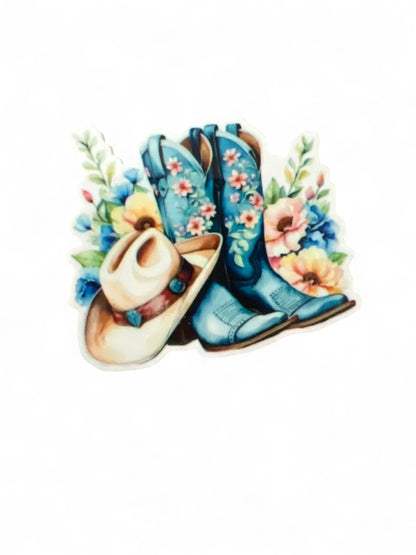Botas y sombrero de resina plana de 5 cm en color vaquero