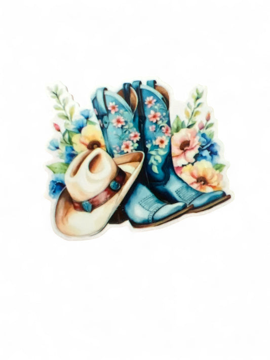 Botas y sombrero de resina plana de 5 cm en color vaquero
