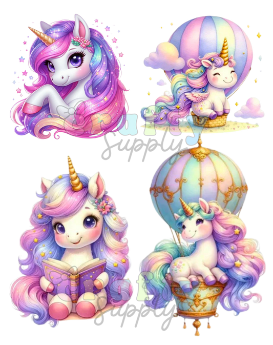 Unicorns 101 TBP DTF Ready to Press With Heat Stencil with 4 Images Hoja con 4 Pegatinas Para Liston