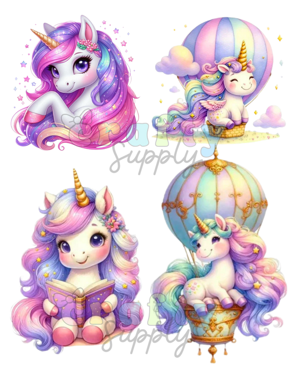 Unicorns 101 TBP DTF Ready to Press With Heat Stencil with 4 Images Hoja con 4 Pegatinas Para Liston