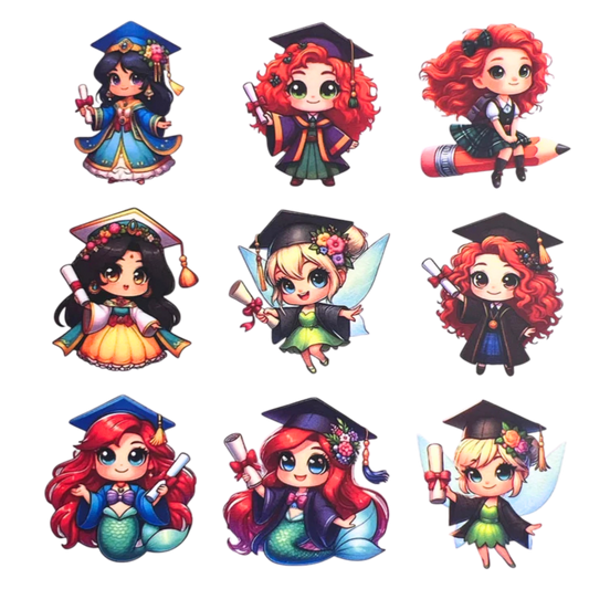 Graduating Princesses STCK 003 Set of 9 DTF ready to press with heat images Good for hair bows  Set de 9 Pegatinas listas para presionar con calor. Para liston