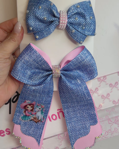 Set Mini Cheer Bow +1 pair Denim Pink Cowgirl