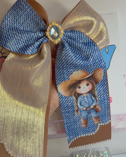Long Cheer Bow Denim Gold Cowgirl