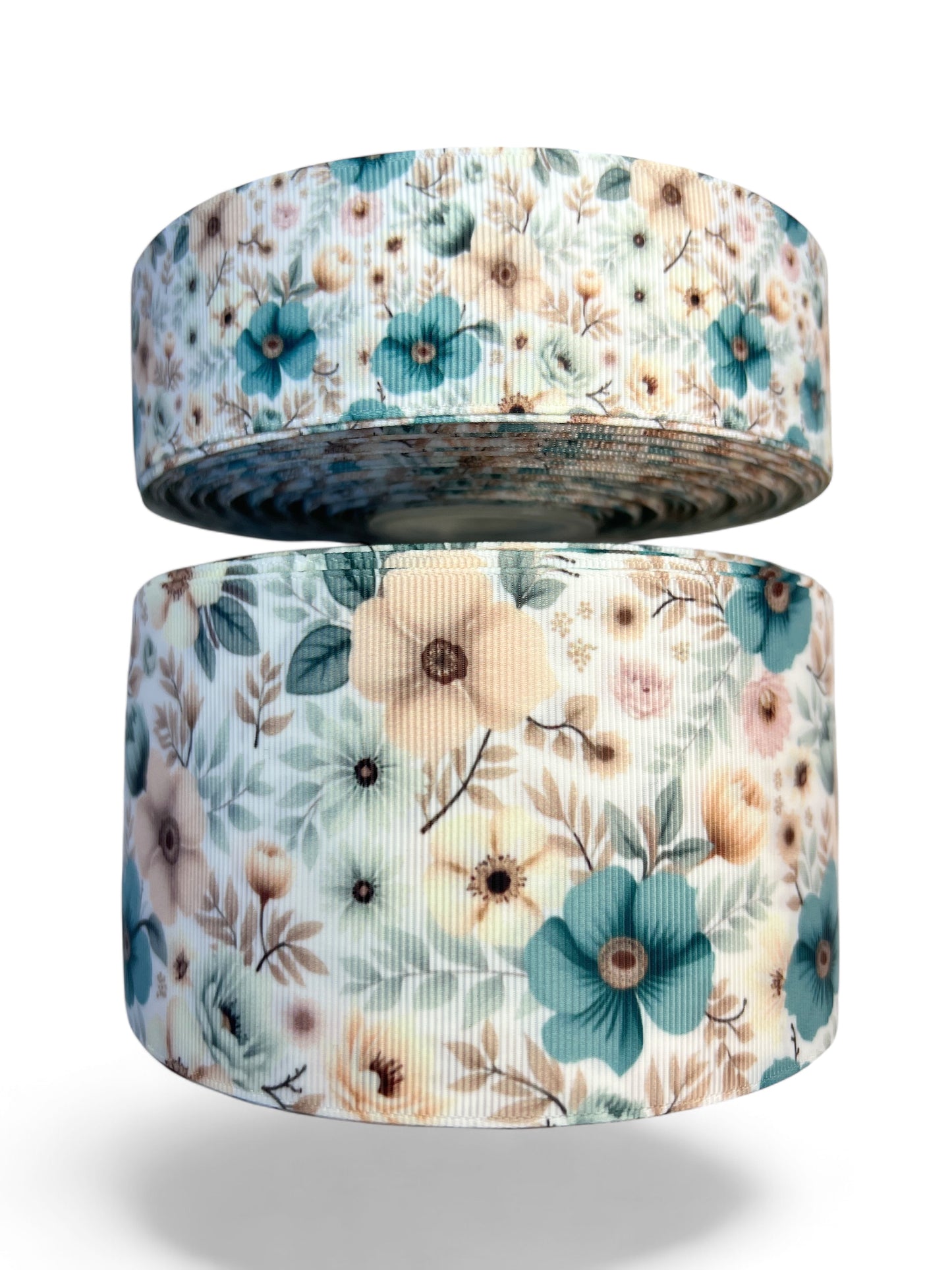 Ribbon Aqua Blooms Flowers 1 yard