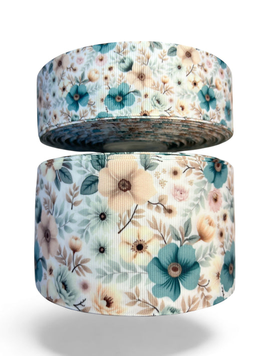 Ribbon Aqua Blooms Flowers 1 yard